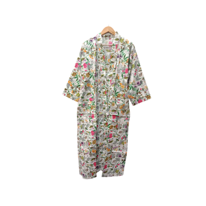 Bata Kimono de Algodón con Estampado Floral, Blanca, Manga Larga, Bolsillo Frontal, Cinturón con Cordón, Ligera, para Descansar o Baño - Product Image 1