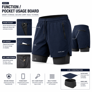 Men's Double-<b>Layer</b> 2-In-1 Training Shorts With Elastic Waistband And Zipper Pocket Quick Dry Sporty Design - Product Image 2