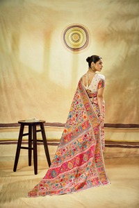 Sari en soie pure cachemire tissé à la main, élégant, design traditionnel indien, pour soirée, longueur ras du sol, extra doux - Product Image 3