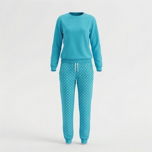 Conjunto de Pijama de Punto de 2 Piezas para Mujer, Top de Manga Larga con Cuello Redondo y Pantalones con Estampado de Lunares, Informal, para Todas las Temporadas - Product Image 1