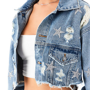 Veste en jean courte pour femme, style camionneur, manches longues, col rabattu, étoiles brodées, coton délavé, style décontracté printemps - Product Image 5