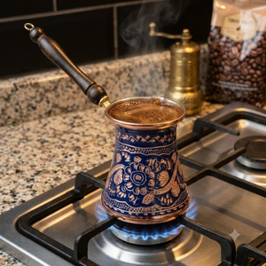 Cezve en cuivre émaillé bleu foncé, cafetière turque, ibrik arabe, briki grec, chauffe-lait pour cuisinière avec poignée en bois tourné - Product Image 3