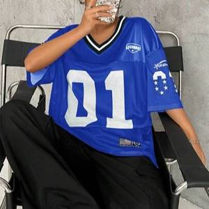 Camiseta de Fútbol Americano Azul con Logotipo Personalizado, Malla Transpirable, Estilo Hip Hop Urbano, Cuello en V, Ropa Deportiva de Entrenamiento para Hombre y Mujer 01 - Product Image 5