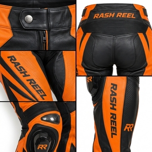Pantalon de moto en cuir pour femme, orange et noir, imprimé color block, respirant, pour la course - Product Image 6