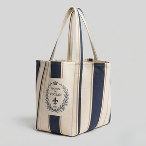 Sac fourre-tout en toile de coton French Crest, écologique, crème et bleu marine rayé, grande capacité, sac à main vintage de luxe pour femmes - Product Image 4