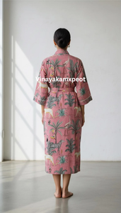 ชุดกิโมโนผ้าฝ้ายพิมพ์ลายสัตว์ซาฟารีแบบแฮนด์บล็อกสุดหรู แขนยาว ใส่ได้ทั้งกลางวันและกลางคืนสำหรับผู้หญิง - Product Image 5