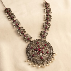 DIVYORO Women's Long Adjustable Circular Floral Red Oxidized Brass <b>Necklace</b>-Ethnic Style for Party Occasions - Product Image 1