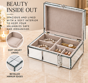 Silver <b>Mirrored</b> Glass Jewelry Storage <b>Box</b> with Beveled Edges Crystal Latch Glossy Finish Soft Lining Decorative Keepsake Organiz - Product Image 3