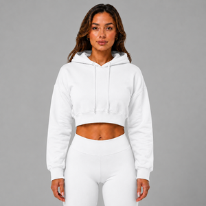 <b>Women</b> Cotton Casual Crop <b>Hoodie</b> <b>White</b> Solid Color Full Sleeve Hooded Sweatshirt Fleece Breathable Loose Fit Autumn Wear - Product Image 1