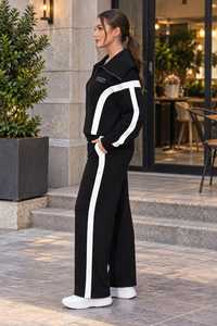 <b>Women's</b> Black <b>White</b> 2 in 1 Fleece Color Block <b>Tracksuit</b> Set Zip up Turn Down Collar Sweatshirt Full Length Pants Loose - Product Image 5