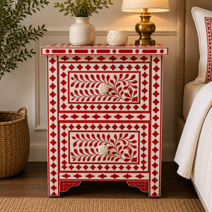 Mesa Auxiliar Moderna de Resina con Incrustaciones de Hueso, con 2 Cajones de Almacenamiento, Mesa de Noche Decorativa con Incrustaciones de Hueso para Dormitorio - Product Image 1