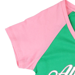 AKA เสื้อยืดคอวีสีเขียวชมพู เสื้อยืดผู้หญิงกรีกโซโรริตี้ลำลองมีสไตล์พอดีตัวผ้าเนื้อนุ่มแขนสั้นสวมใส่ได้ทุกวัน - Product Image 4