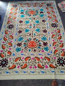 Drap de lit en coton brodé Suzani fait main de luxe, ivoire, orange, aqua, floral, paisley, bohème, ethnique indien, décoration de la maison, couvre-lit - Product Image 6