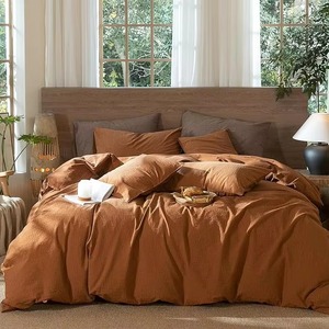 Juego de Ropa de Cama de Lino Marrón Rústico de 4 Piezas, Edredón y Fundas de Almohada Lisas Teñidas para el Hogar - Product Image 1