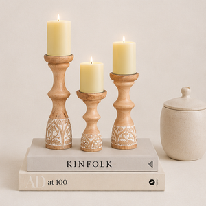 Handcrafted Mango Wood Pillar Candle Holders Set Of 3 Vintage Rustic Floral Carved Candlesticks For Home Decor And Wedding Table - Product Image 3