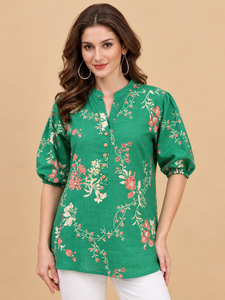Blusa con estampado floral verde para mujer, con cuello mandarín y mangas abullonadas, top informal para primavera y verano - Product Image 1