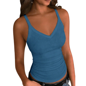 Women Solid Casual Ribbed Breathable V Neck Slim Fit Ruched Side <b>Spaghetti</b> <b>Strap</b> Summer Tank Top - Product Image 1