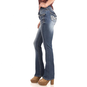 Jeans de mezclilla para mujer, pantalones vaqueros para damas, jeans con logo personalizado, color sólido y cintura alta, acampanados, de alta calidad. - Product Image 4