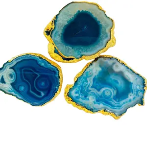 Wholesale Bulk Blue Agate Coaster With Golden Edge On Sale Tea Coffee Home Decor Table Ware Furnishing Crystal Hostess Gift