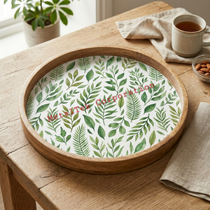 Eco-Friendly Round Mango Wood <b>Serving</b> <b>Tray</b> <b>Gold</b> Metal Handles Olive Leaf Print Decorative Platter Premium Wedding Gift Wood <b>Tray</b> - Product Image 4