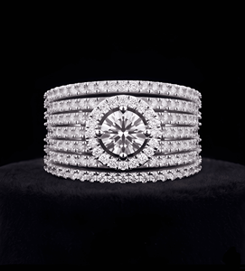 Multi Row Lab Grown Diamond 14kt Gold Rhodium Plated Brilliant Halo Cluster Wide Band <b>Ring</b> for Women | Engagement Wedding Gift - Product Image 1