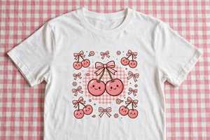Haut d'été décontracté en coton à manches courtes et col rond pour femme, avec imprimé cerise Kawaii mignon et effet bouffant - Product Image 4
