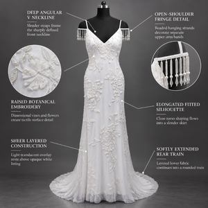 Open Shoulder Fringe Evening <b>Dress</b> Deep V Neck Fitted Floral Applique | White Floor Length Sheer Layer Sweep <b>Train</b> Formal Gown - Product Image 5