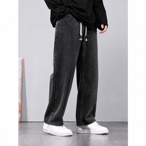 Jean en denim délavé pour homme, coupe large, taille mi-haute, ample, couleur unie, décontracté, en coton, pour l'automne, avec cordon de serrage à pompons - Product Image 3