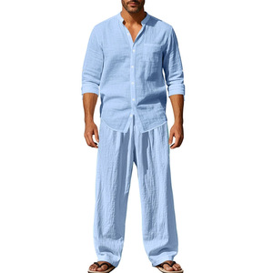 Ensemble décontracté en lin pour homme : chemise à manches longues et pantalon, tissé uni gaufré 270g, respirant pour le printemps - Product Image 4