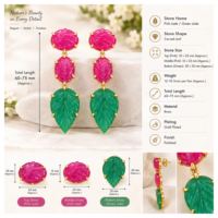 Boucles d'oreilles pendantes en laiton plaqué or 18 carats avec pierre précieuse sculptée en feuille de jade vert et rubis, style bohème, bijoux fantaisie pour femme