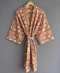 Robe Kimono Femme à Imprimé Floral, Manches Trois-Quarts, Coupe Ample, Enveloppante, en Coton et Fibre de Bambou Respirante, Robes Décontractées - Product Image 1