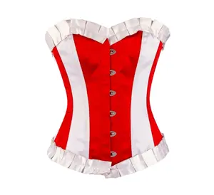 Customized Red & White Satin Corset with White Frill Retro wait Training Overbust Corset top Gothic Body shaper
