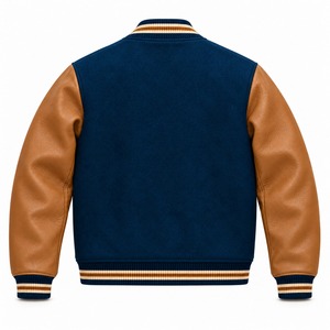 Chaqueta Varsity Azul Marino para Hombre con Mangas de Cuero Marrón, Parches de Letras Bordadas, Mezcla de Lana, Abrigo de Invierno - Product Image 2
