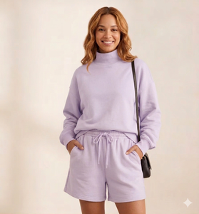 Conjunto de Pantalones Cortos de Forro Polar con Cuello Alto y Mangas Largas para Mujer, Atuendo Informal de Invierno, Cálido, Suave y Cómodo - Product Image 1