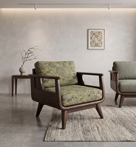 Midcentury Modern Natural Oak Accent Armchair Upholstered Floral Polyester Foam Solid Legs <b>Lounge</b> <b>Chair</b> Living Room Home - Product Image 3