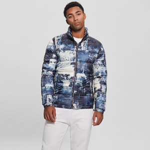 2026 New Men's Blue Abstract Print Puffer Jacket Stand Collar Zipper Closure Casual Winter Wear Slim Fit Polyester Material - Product Image 1