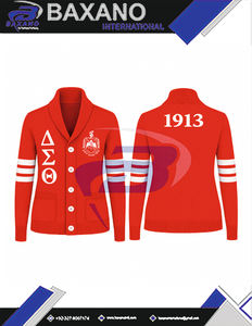 Delta |   Sigma |   Suéter de Punto con Botones Bordados en Rojo de la Hermandad Theta, con Rayas Blancas, Suéter DST Apparel para Mujer - Product Image 6