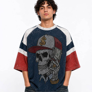Custom <b>Men</b> Navy <b>Red</b> Cream Color Block Raglan Acid Wash <b>T</b>-<b>Shirt</b> Skull Money Rhinestone Graphic Script Slogan Print Oversized - Product Image 6