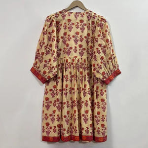 Robe décontractée mi-longue en coton tissé uni pour femme, toutes saisons, manches ballon, taille empire, style babydoll, col en V oversize - Product Image 2