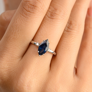 14K Solid Gold Marquise Sapphire & Diamond Three Stone Ring - Product Image 1