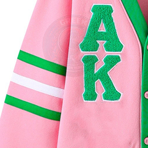 Sorority Alpha K Alpha Pink Green Contrast Acrylic Knitted <b>Cardigan</b> Women's Sweater Greek Letter Embroidery V-neck Sleeve - Product Image 6