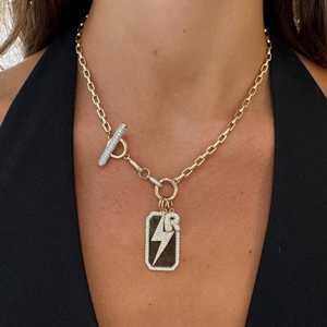 Diamond <b>Toggle</b> <b>Necklaces</b> 14K Solid Gold Rectangle 8Inch Rolo Chain Charm Holder Round Cut Lab Grown Layering <b>Necklaces</b> Wholesale - Product Image 2