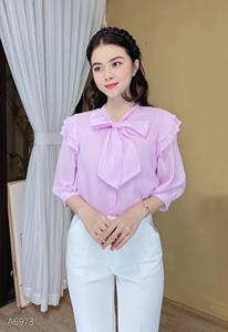 Blusa de lazo de color liso para mujer al por mayor, elegante camisa de oficina con botones de perlas, top de moda para ropa de trabajo, para proveedor minorista de boutiques - Product Image 3