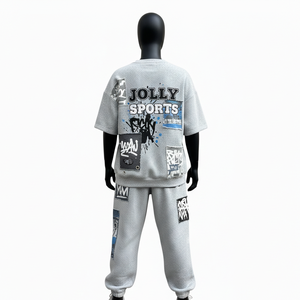 Conjunto de camiseta y pantalón deportivo para mujer, 280 GSM, algodón y poliéster, gris, con paneles de patchwork, impresión de logotipo personalizado, conjuntos para mujer - Product Image 6