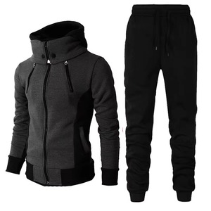 Conjunto deportivo de bloques de color con sudadera con cremallera y pantalones jogger para hombre, ropa informal de gimnasio para invierno - Product Image 3