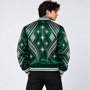 Chaqueta Varsity Casual de Satén con Pedrería, Chaqueta Bomber Brillante a la Moda con Decoraciones de Estrellas de Cristal y Puños Acanalados - Product Image 3