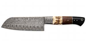 Cuchillo de cocina artesanal de acero damasco ondulado con mango de cuerno de ciervo y nogal, cuchillería de filo afilado - Product Image 4