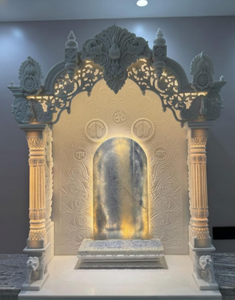 หินอ่อนมาครานาสีขาวพรีเมียมสำหรับทำหิ้งบูชาแบบดั้งเดิม |   ลวดลายแกะสลักอย่างประณีตของนกยูงและช้างในวัด |   ขนาดปรับแต่งได้ - Product Image 1