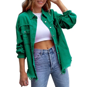 แจ็กเก็ตผ้ายีนส์ระบายอากาศได้ดีสำหรับผู้หญิงแจ็คเก็ตเดนิมสีทึบย้อมสีมีกระเป๋าเปิดหน้าอกมีกระดุม - Product Image 1