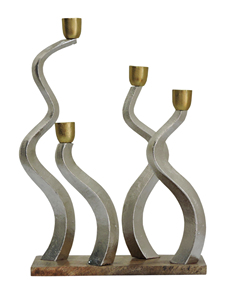 Modern 4-Arm Metal <b>Candle</b> Holder, Silver Wavy Candelabra with Gold Cups on Wood Base, Artistic <b>Taper</b> Tabletop Centerpiece Decor - Product Image 3